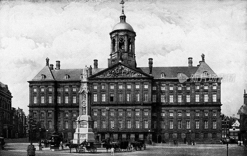 阿姆斯特丹皇家宫殿和Naatje van de Dam在阿姆斯特丹，荷兰- 19世纪